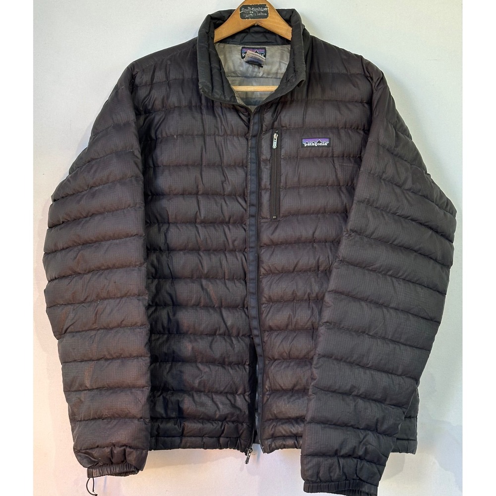 Patagonia Down Puffer Jacket Mens Large Black Lightweight ZIPPER ROKEN